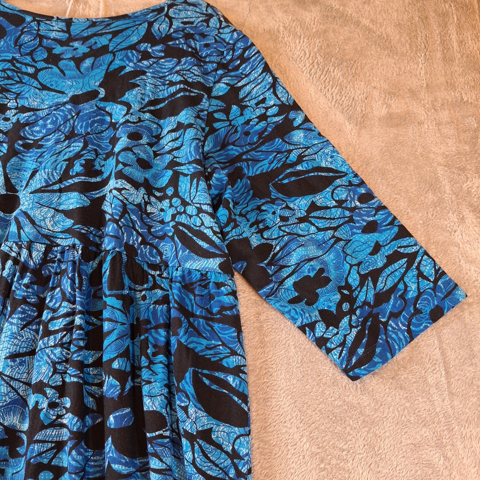 Ulla Popken Knit Dress Womens 24 26 Blue 3/4 Sleeve Floral Cotton Midi House