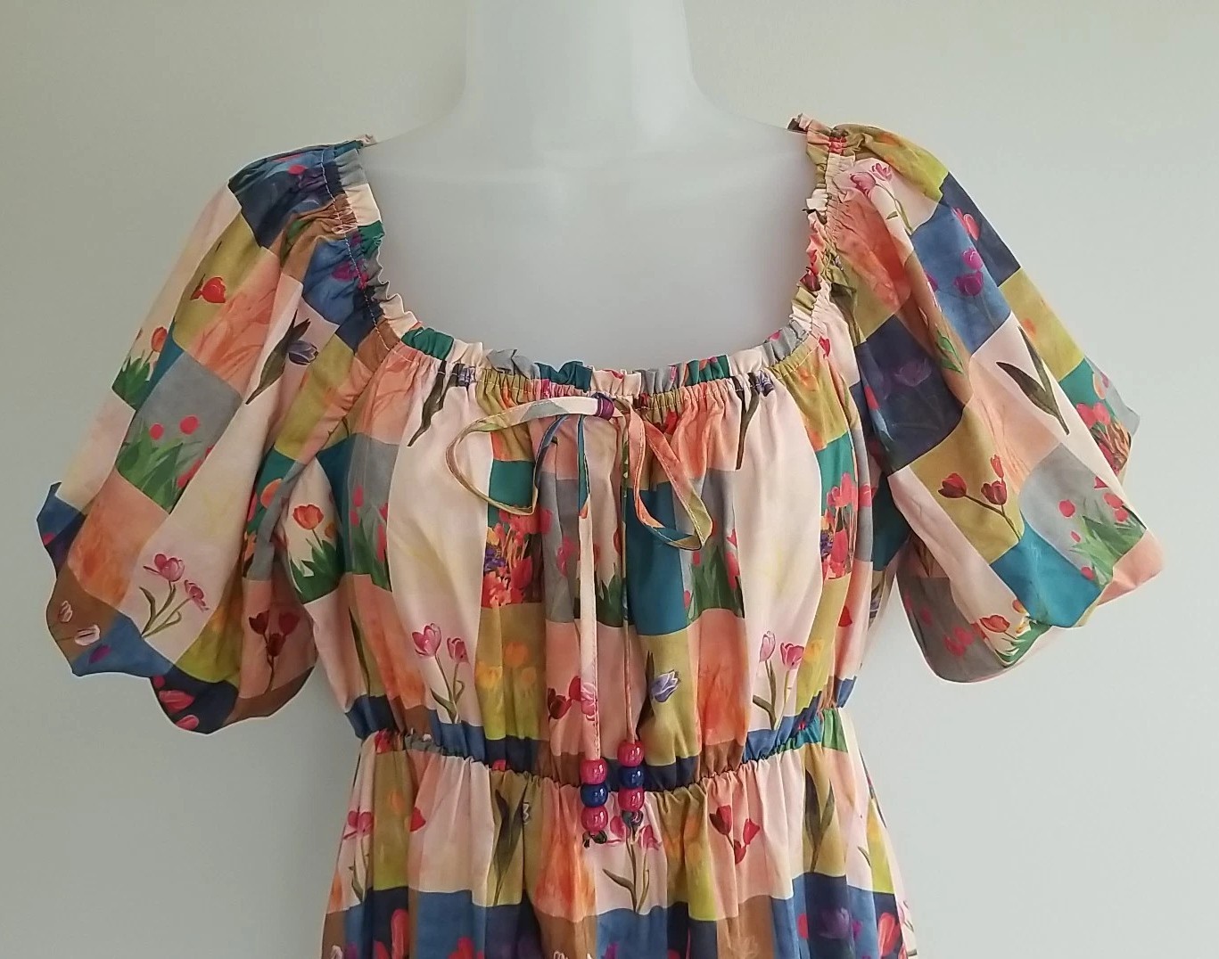 Davi & Dani Checkered Tulip Print Midi Dress NWT Spring Floral Beaded Tie Neck