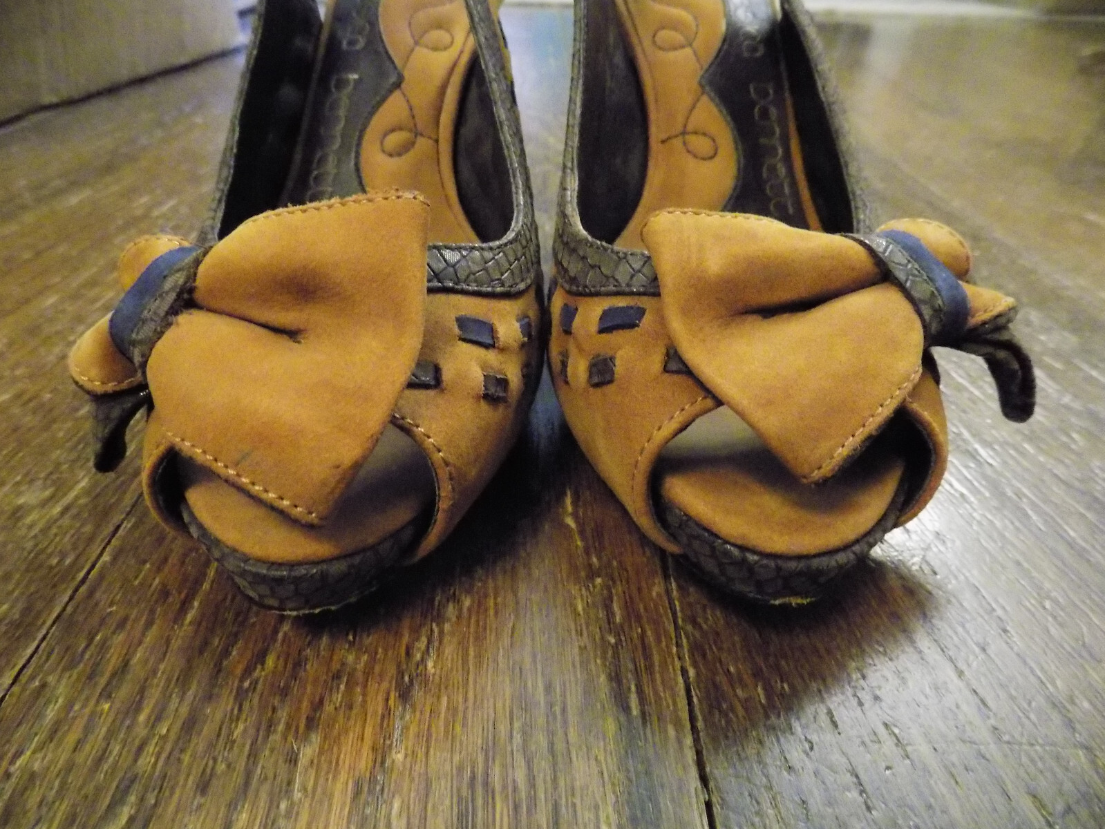 Jessica Bennett rust Brown Suede Pumps Slingback Peep Bow Toe Woven Snake sz 5.5