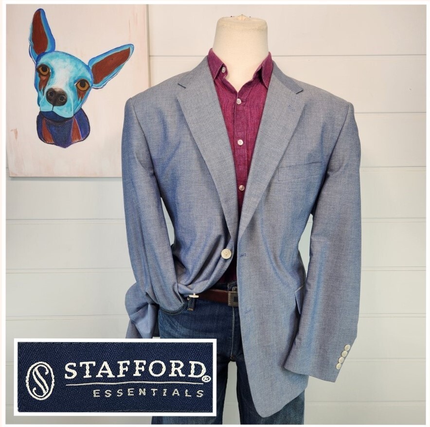 Stafford Mens Two Button Classic Fit Blazer Jacket Blue Cotton Birdseye Size 46R