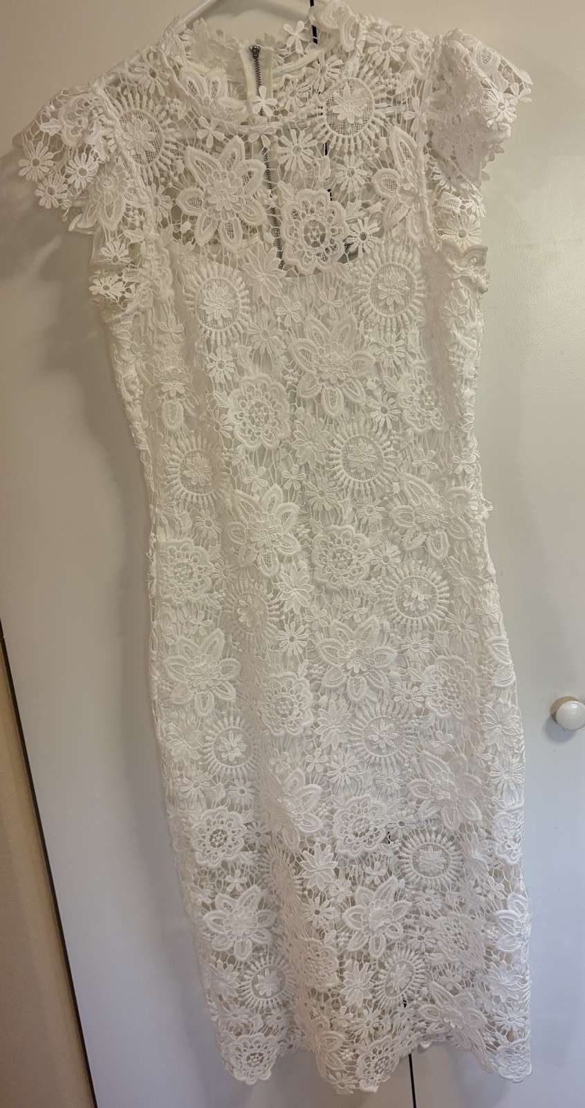PETAL & PUP BECCA WHITE LACE OVER SLIP MIDI DRESS HIGH NECKLINE CAP SLEEVE SZ L