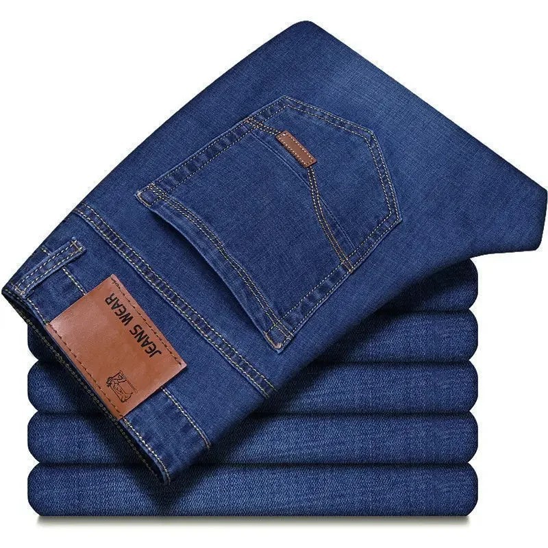 Men’s Casual Straight Leg Jeans Soft Stretch Denim Zipper Fly Blue Black Pants
