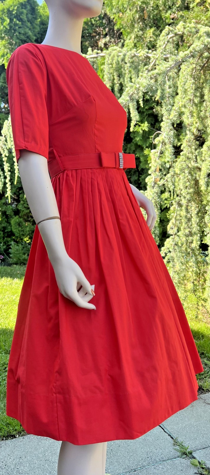 VINTAGE 1960’s RED COTTON FIT & FLARE DRESS W/ RHINESTONE BOW