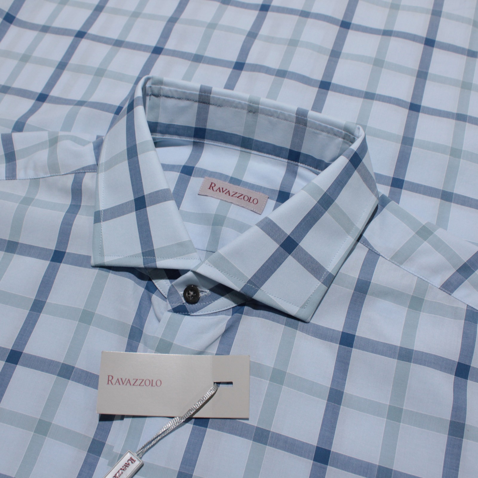 Ravazzolo NWT Dress Shirt Size 44 17.5 in Shades of Blue Plaid 100% Cotton