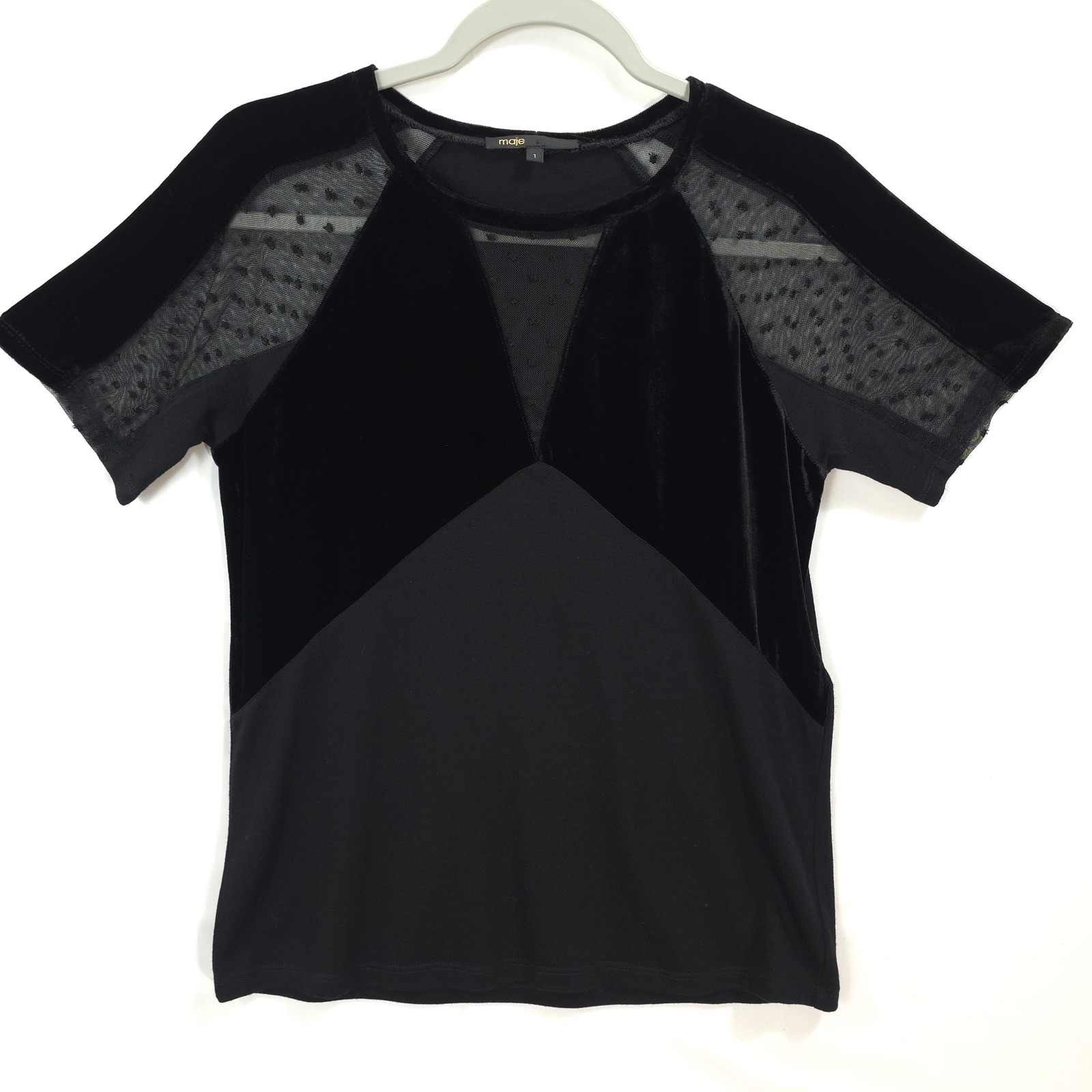 Maje Black Velvet Mesh Dot Yoke Mix Media Top Size FR 1 US S Chic Parisian
