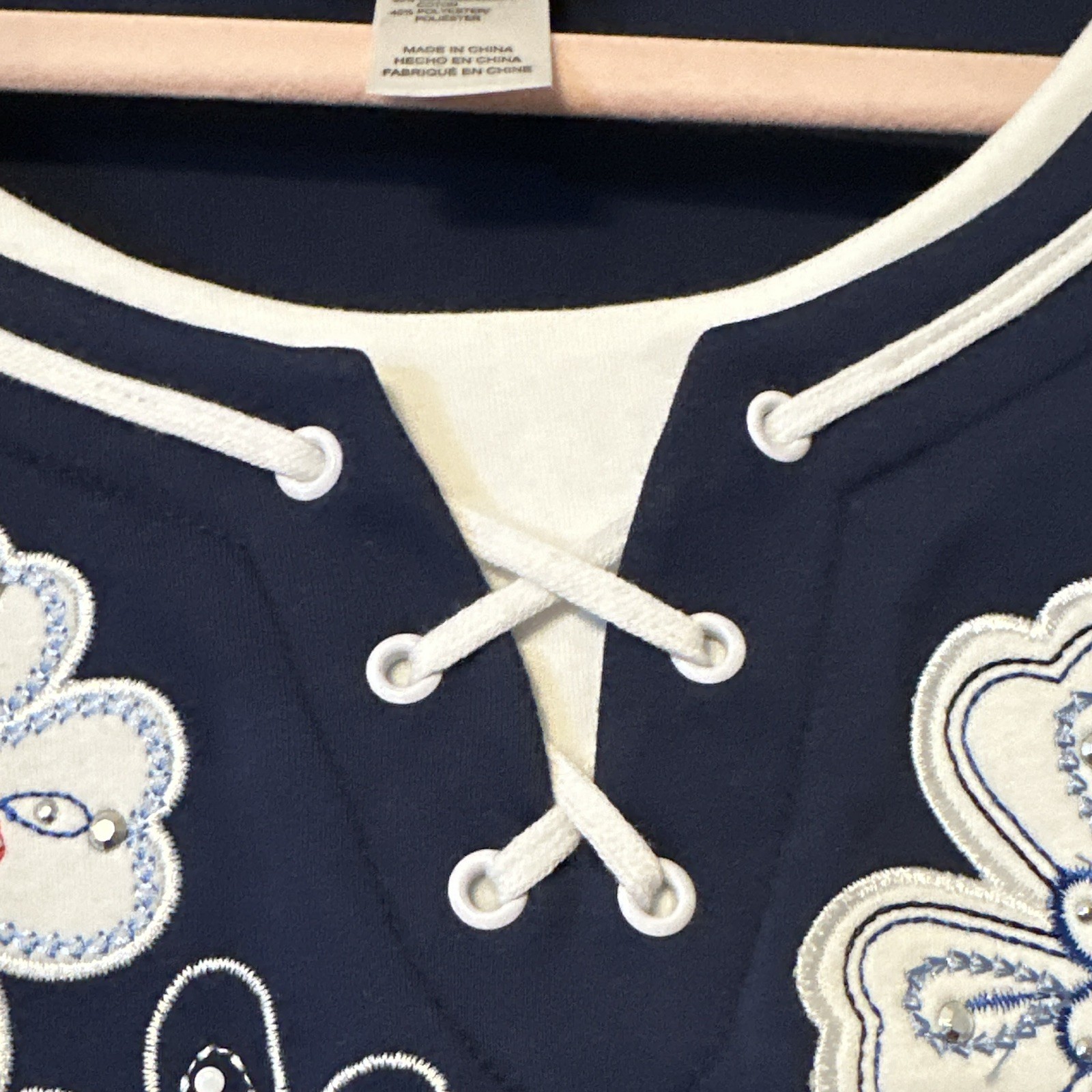 Alfred Dunner 3X Navy/White/Red Floral Embroidered Knit V-Neck Sh Sleeve Top NWT
