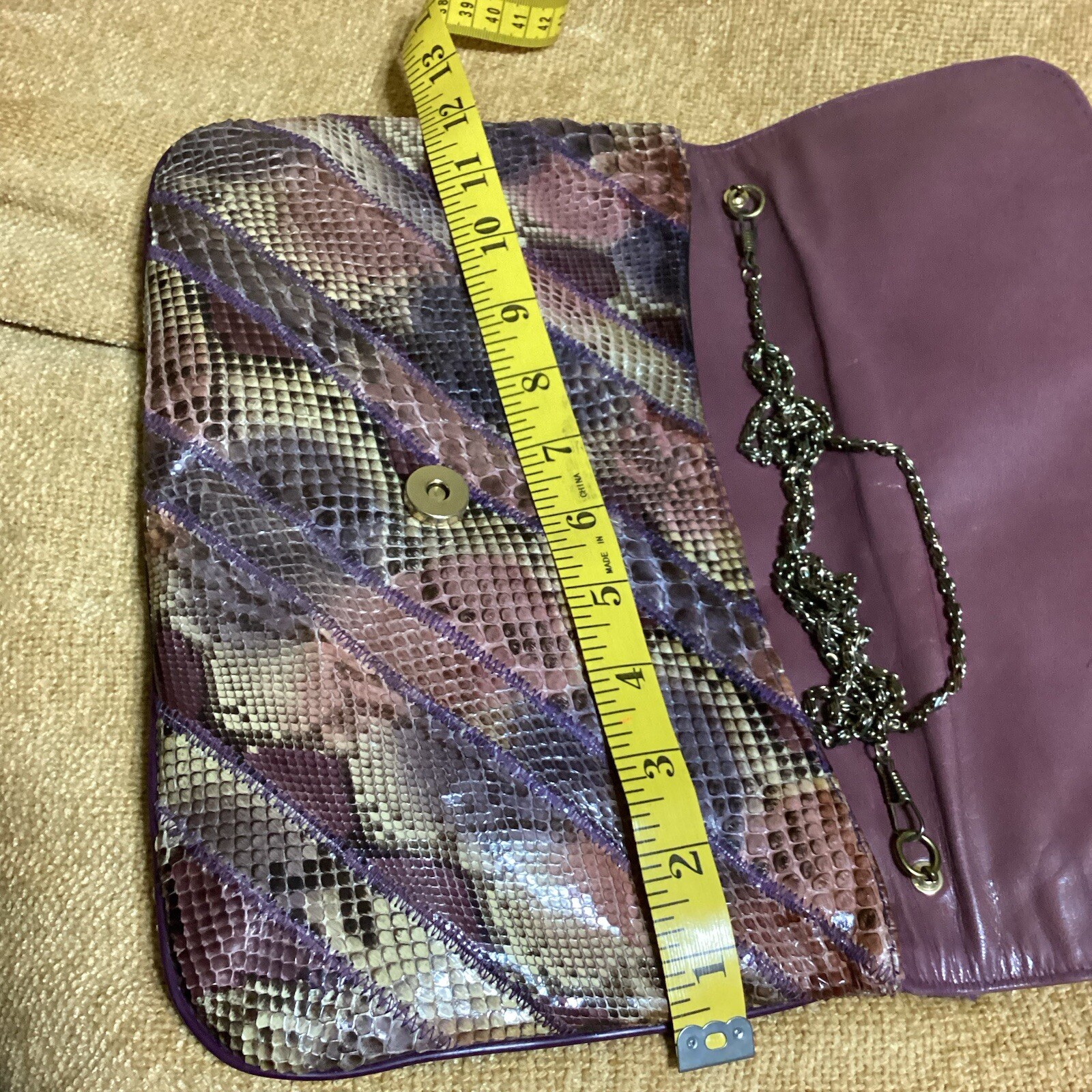 Vtg 80’s Snakeskin Purple/Pink/Beige/Brown Clutch Purse Python Gold Chain Strap