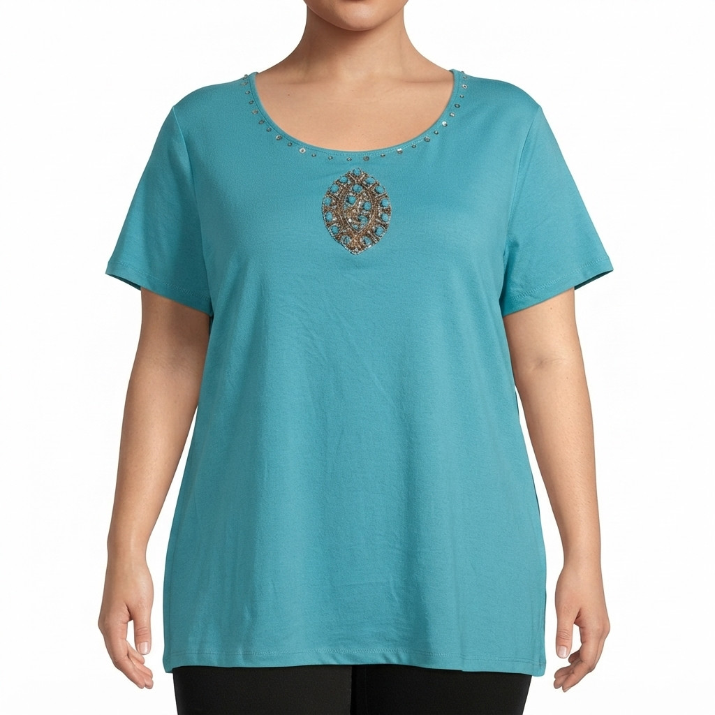 Requirements Beaded Women’s Top 2X Blue Cotton Embellished Blouse Dolman Sleeve