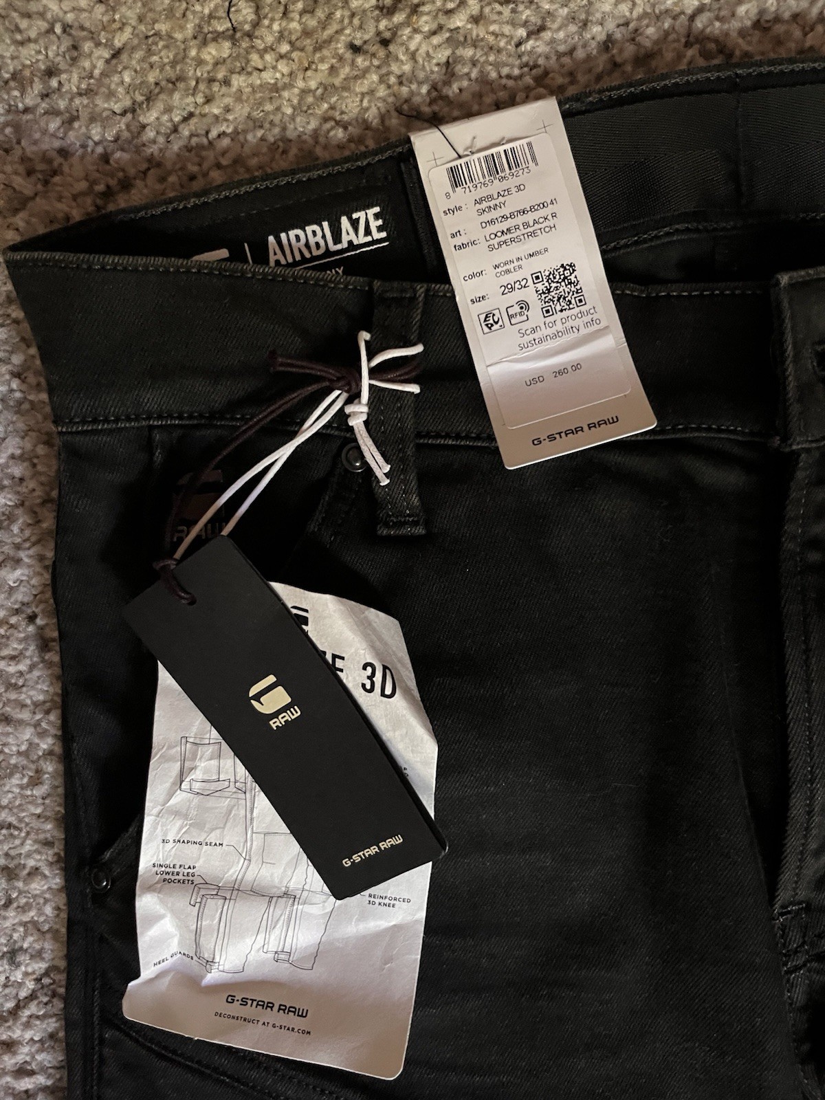 G-Star RAW Airblaze 3D Skinny Superstretch Denim Jeans Pitch Black Button Logo