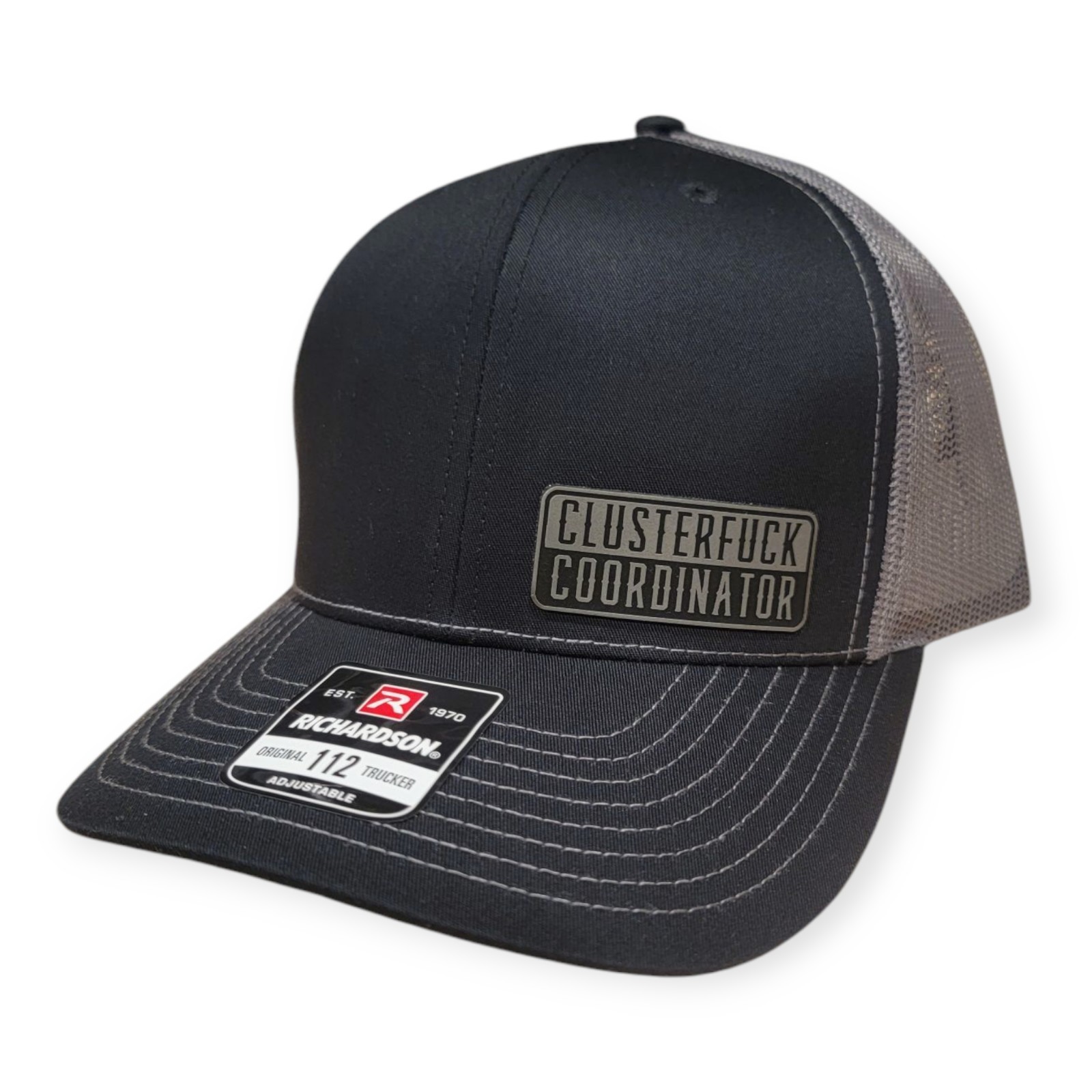 Custom Richardson 112 Trucker Hat “Clusterf*ck Coordinator” Blk/sil Engraved USA
