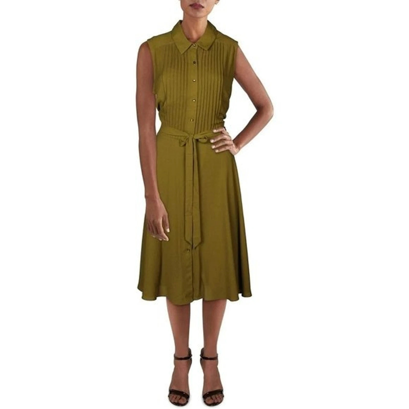 NWT Nanette Lepore Dress Sz 12 Olive Green Sleeveless Pleated Midi Lined