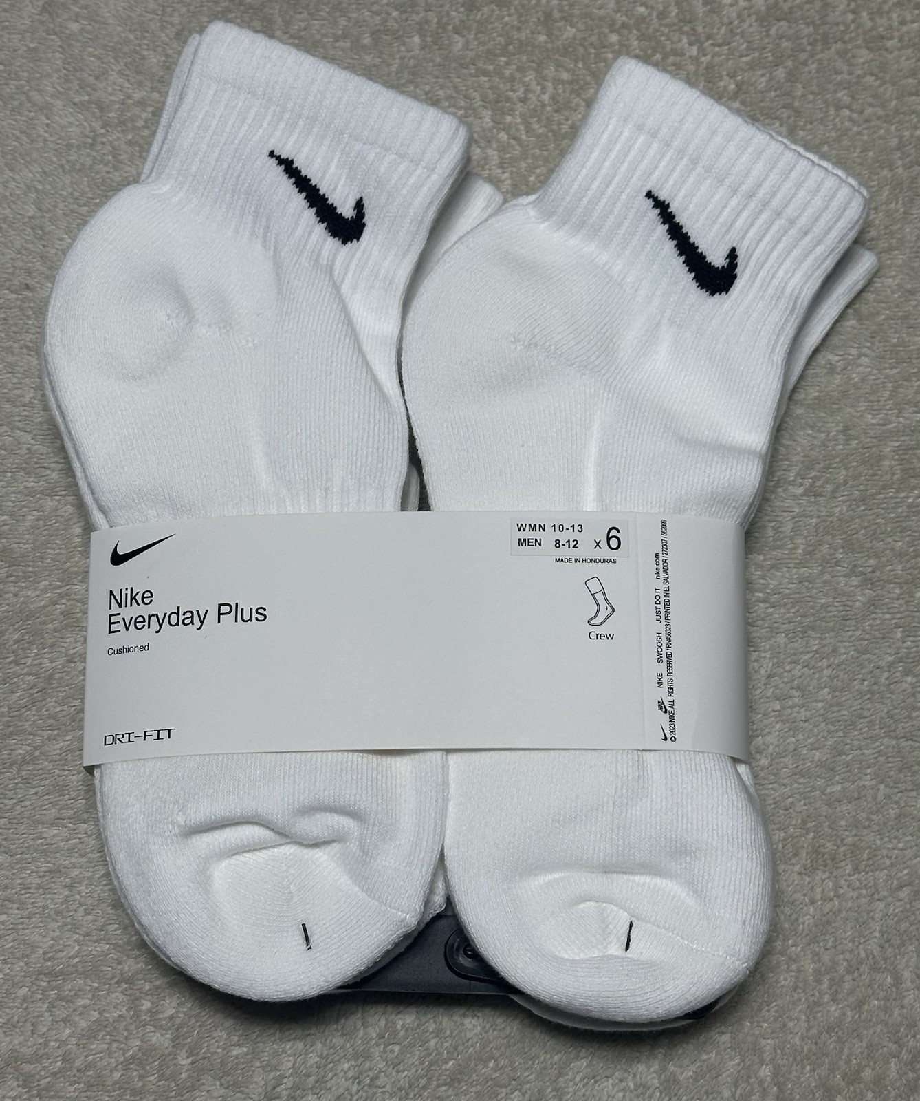 Nike Dri-Fit Everyday Plus Ankle Socks-Size Large White (6 Pack)