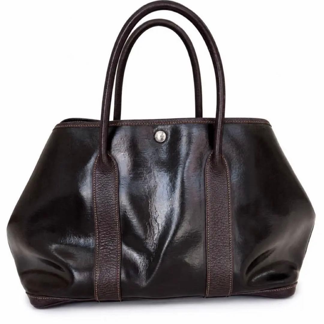 HERMES Garden Party PM Dark Brown Amazonia Leather Tote Bag 21.26in x 10.63in