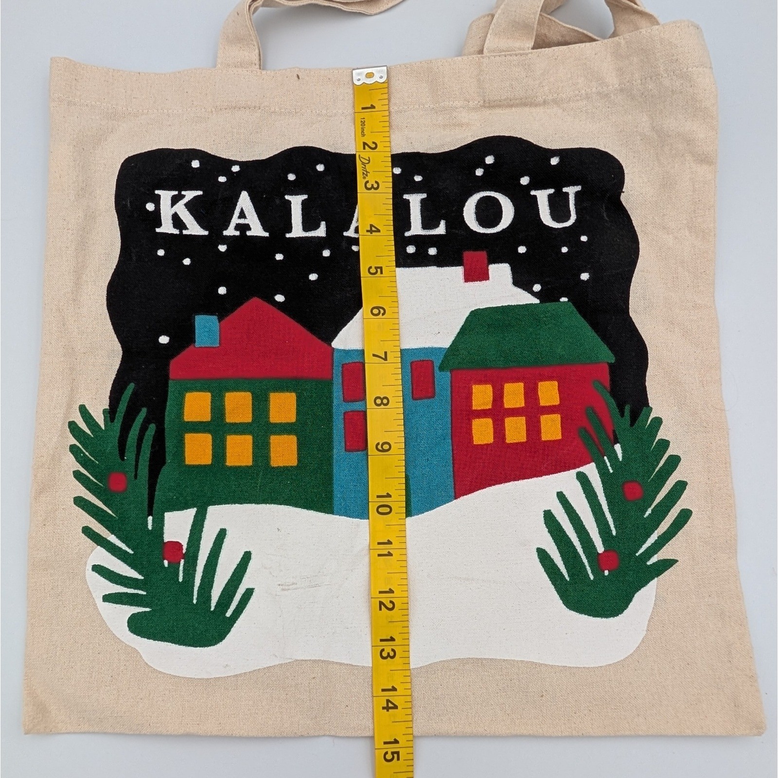 Kalalou Winter Village Canvas Tote Bag Christmas Holiday Village Scene Cream 15″