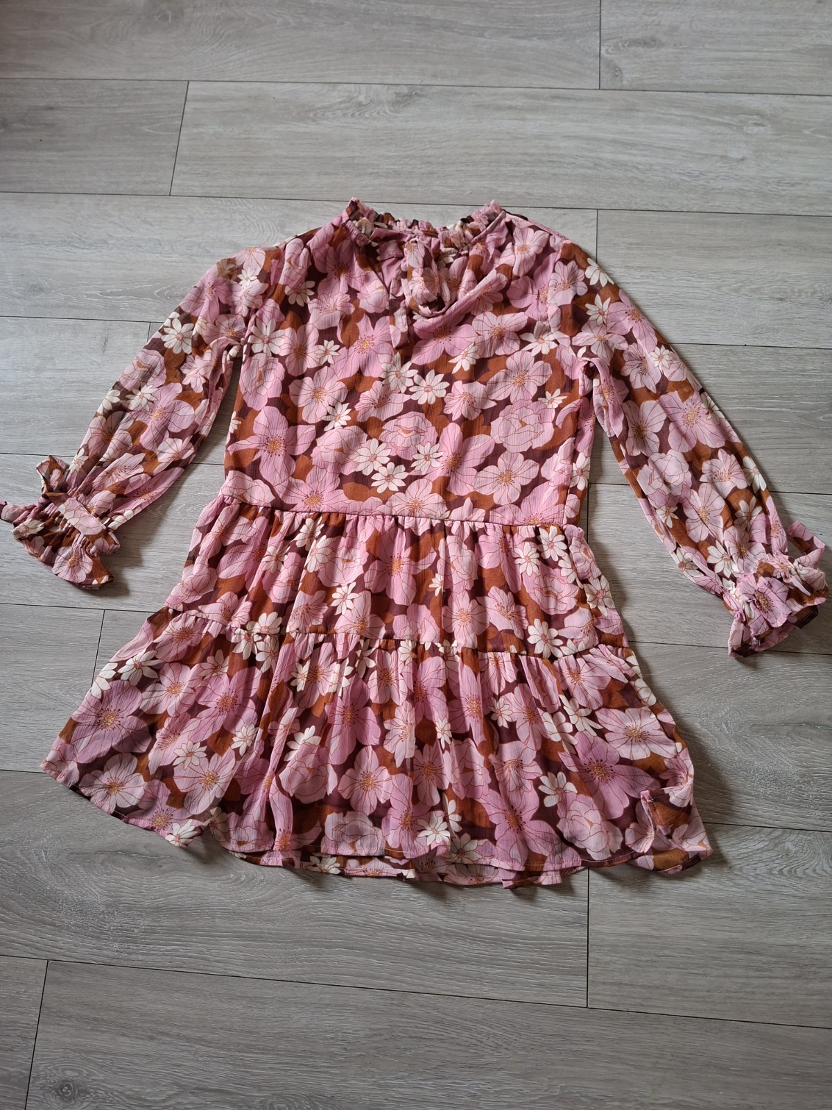 Brown & Pink Floral Flared Smock Dress Tiered Frill Party Sheer Boho Retro UK14