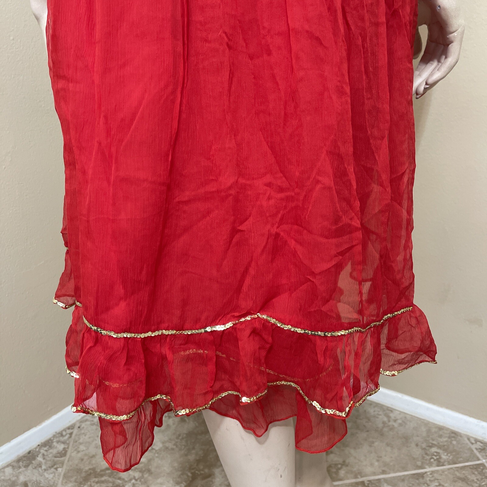 Women’s Red Silk Casual Beaded Embroidered Ruffle Zipper Size M(6-8) Skirt