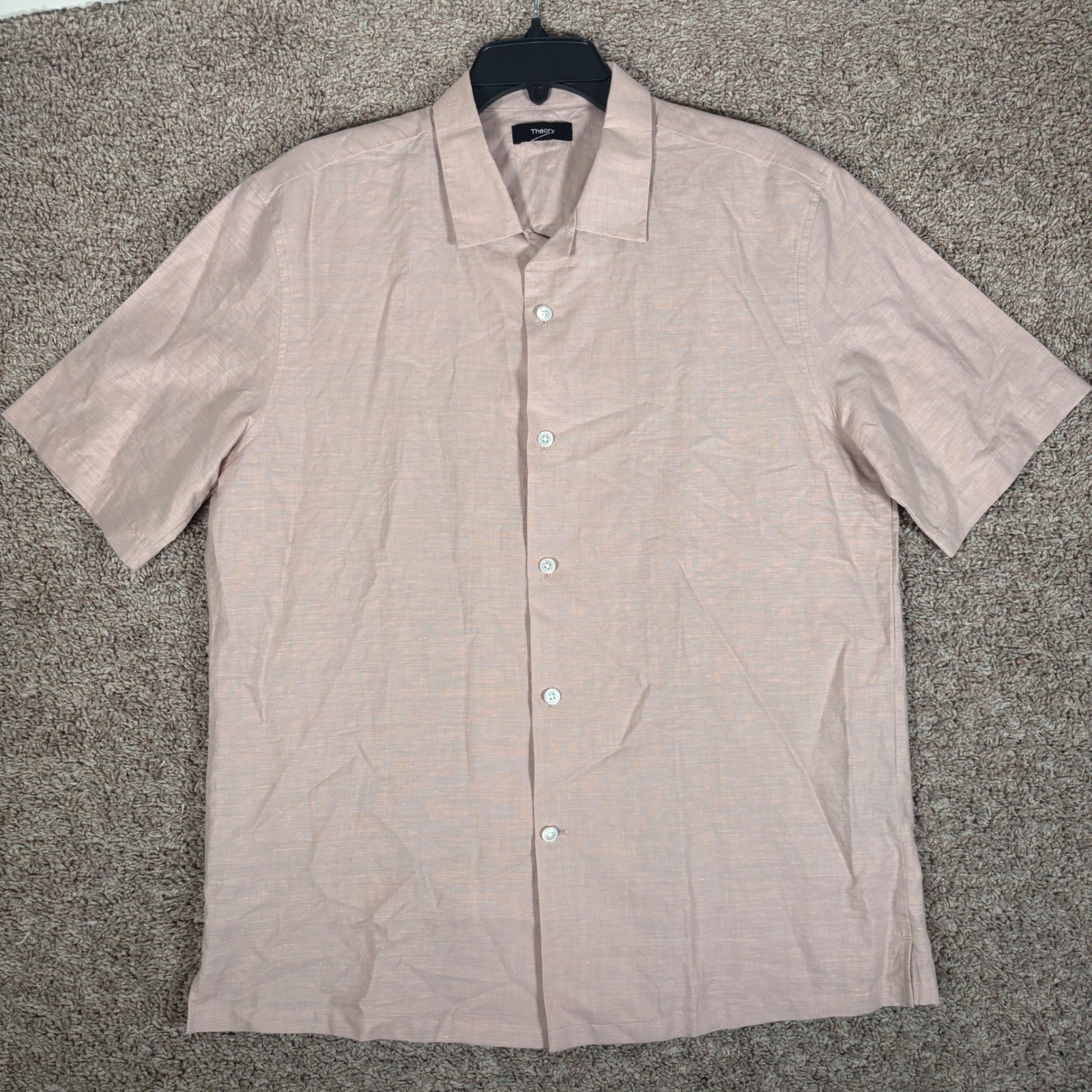Theory Mens Daze Essential Linen Cotton Short Sleeve Button Down Shirt Pink L