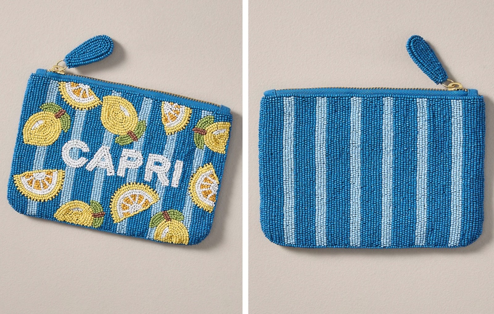 Anthropologie Fiona Capri CITY EDITION Beaded Pouch BAG CASE BLUE STRIPED LEMONS
