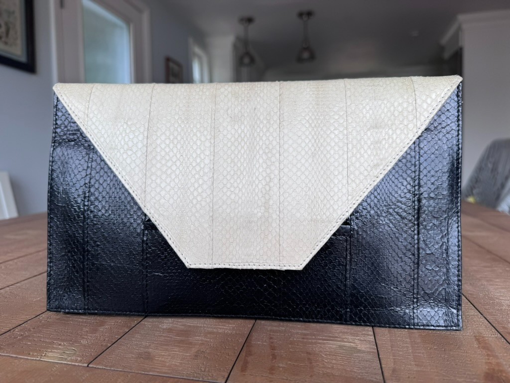 Beirn Black Ivory Python Snakeskin Leather Envelope Party Clutch Bag