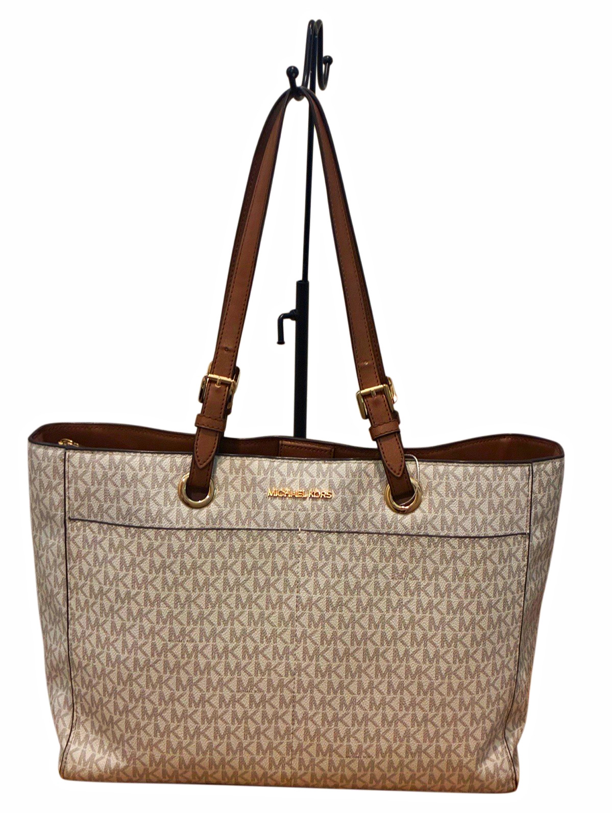 Michael Kors Beige/Brown Logo Tote Shoulder Bag, Outer Pockets, Gold Hardware
