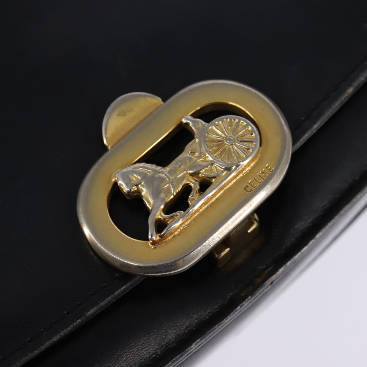 CELINE Horse Carriage Shoulder Bag Leather Navy Gold Auth BA6372