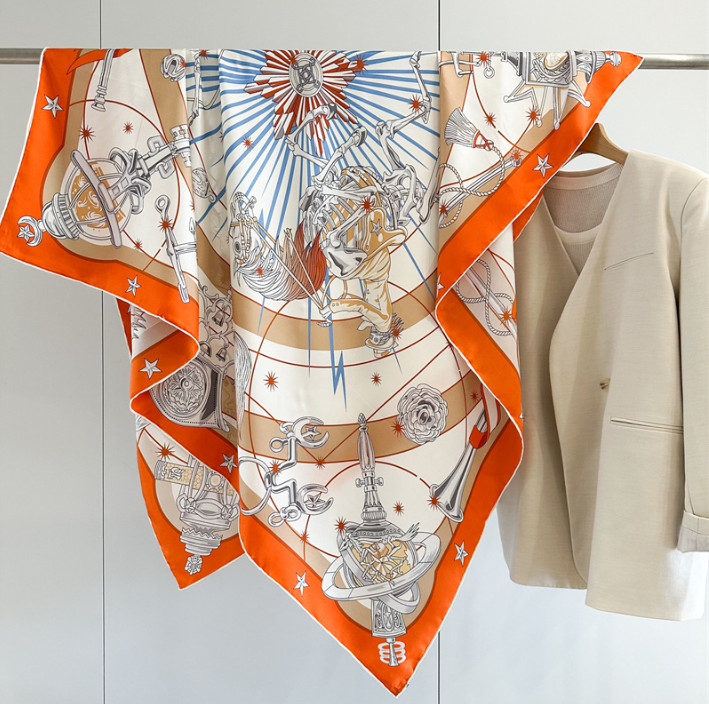 100% Mulberry Silk 53” Square Scarf Women Neckerchief Wrap Orange wheels Print