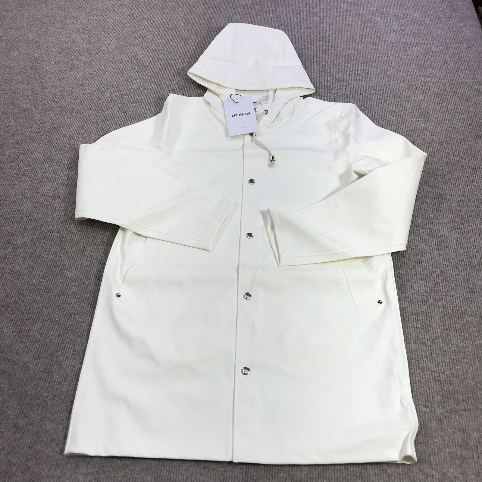 Stutterheim Coat Mens Small White Stockholm Hooded Rain Waterproof Rubberized