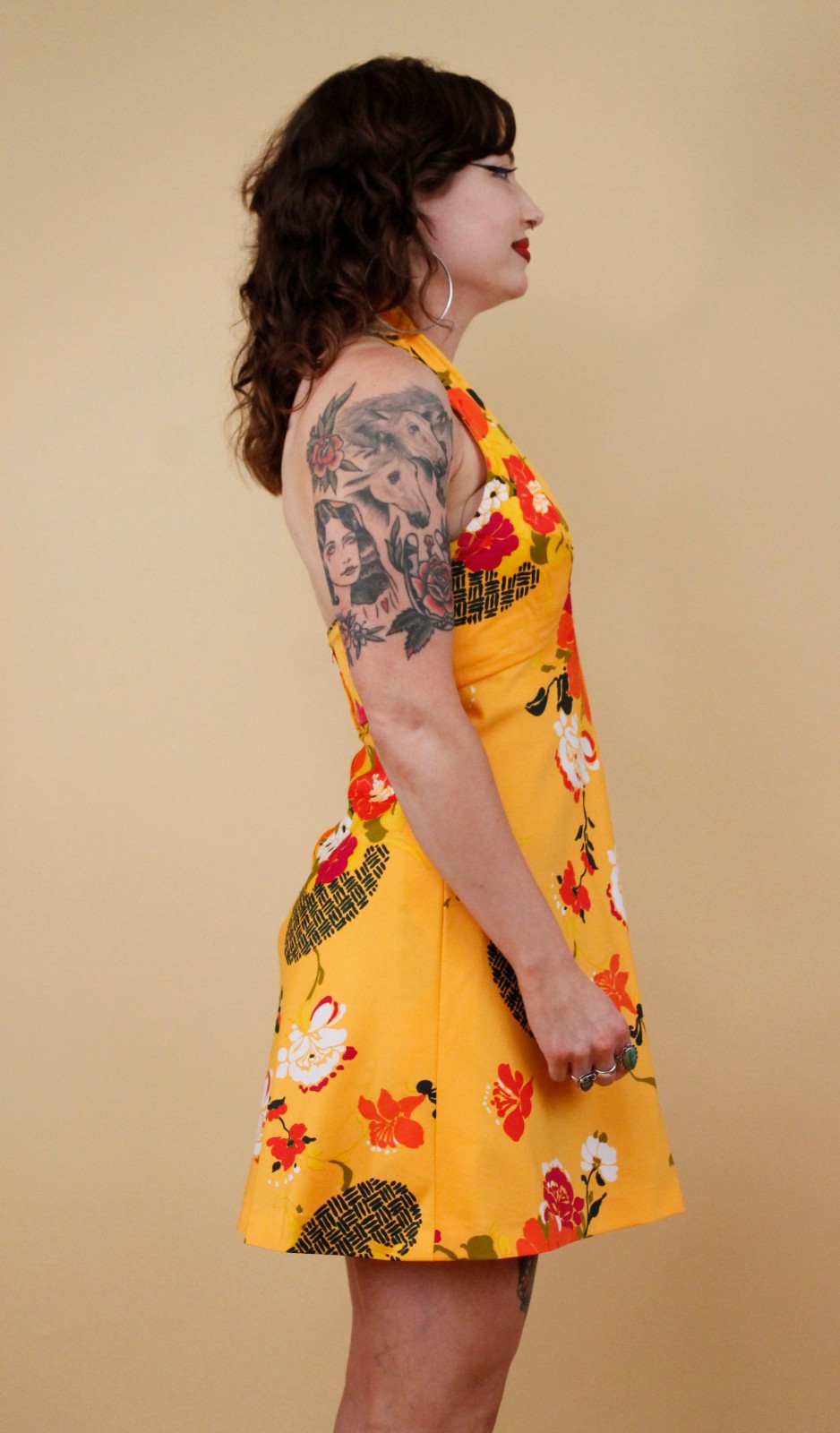 60s 70s Vtg Yellow Floral Micro Mini Dress Halter Top Mod Hawaiian Handmade Xs