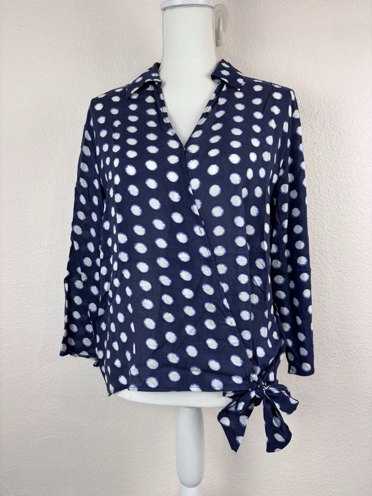 Mac Dougal & Houston medium navy dot side tie 3/4 sleeve collared wrap blouse