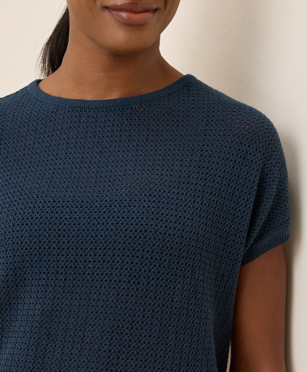 Pact Women’s Beachside Crochet Knit Short Sleeve Top Medium French Navy