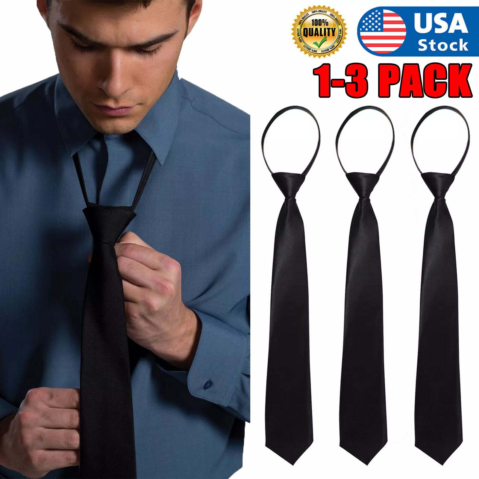 3× Men’s Black PreTied Necktie Men Adjustable Office Zipper Neck Tie Gifts USA