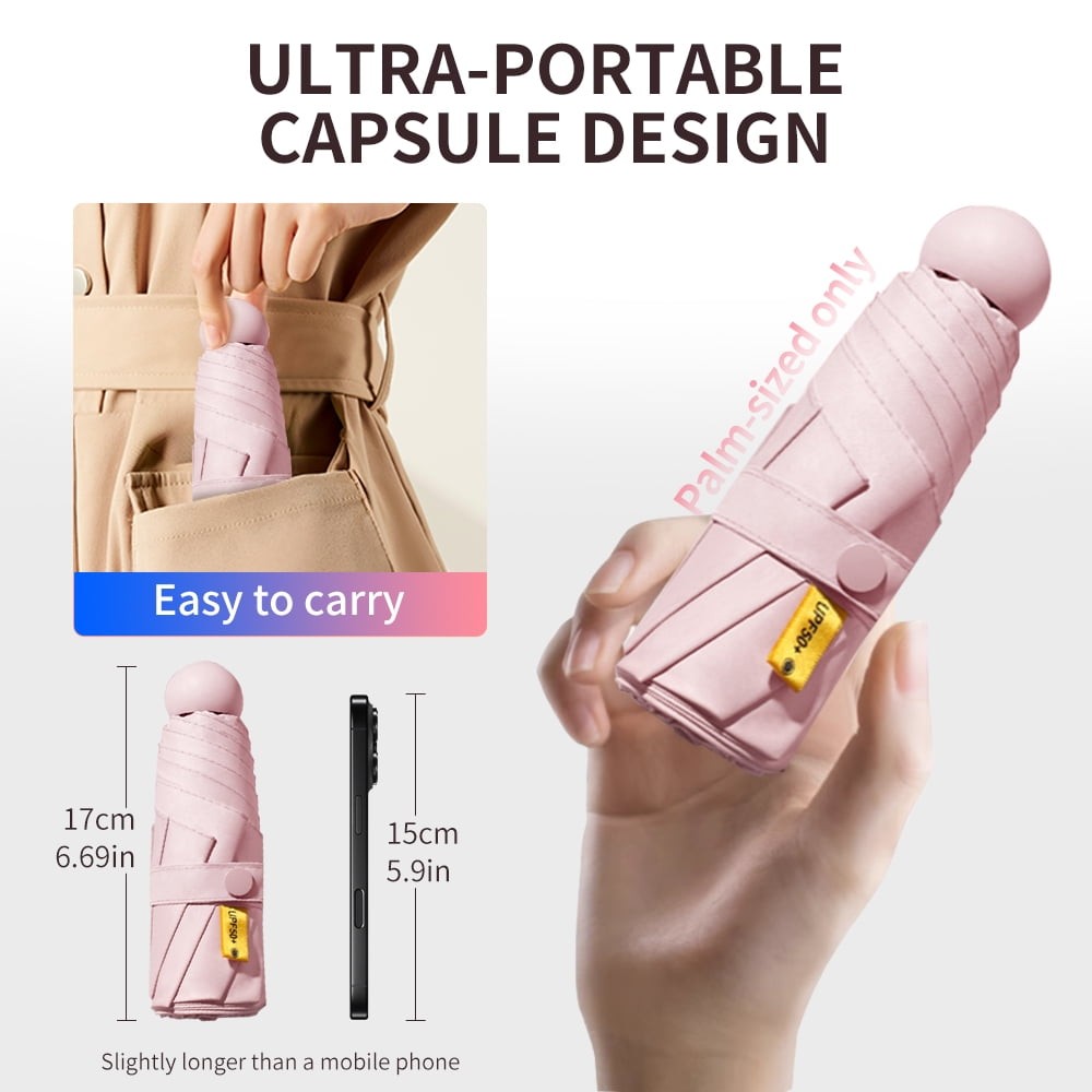 Mini Travel Umbrella UV Protection UPF 50+ Compact Pocket Sun Rain,6.7in,w/Case
