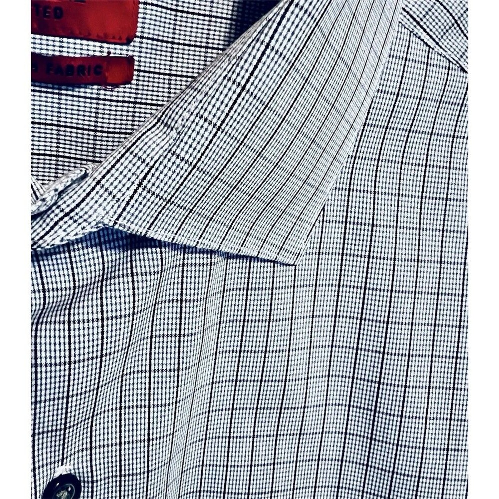 Alfani Mens Fitted Plaid Button Down Shirt Sz XL 17.5 Blue White Stretch Fabric