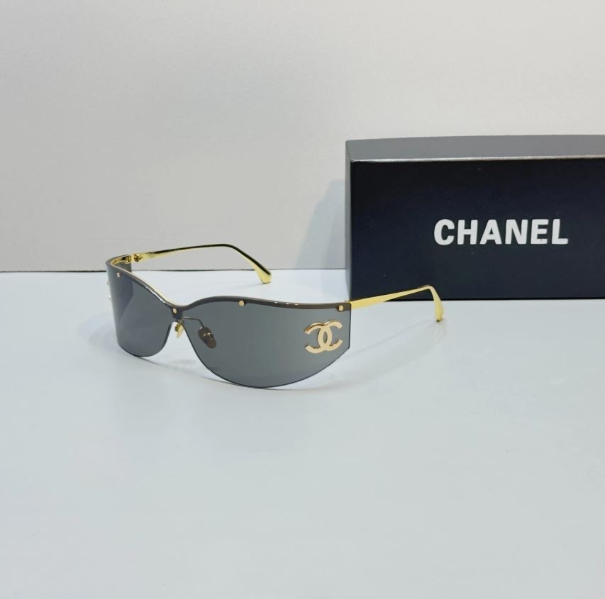 NEW🔥 Chanel CH71787 Rimless Shield Sunglasses Gold Frame Gray Lens