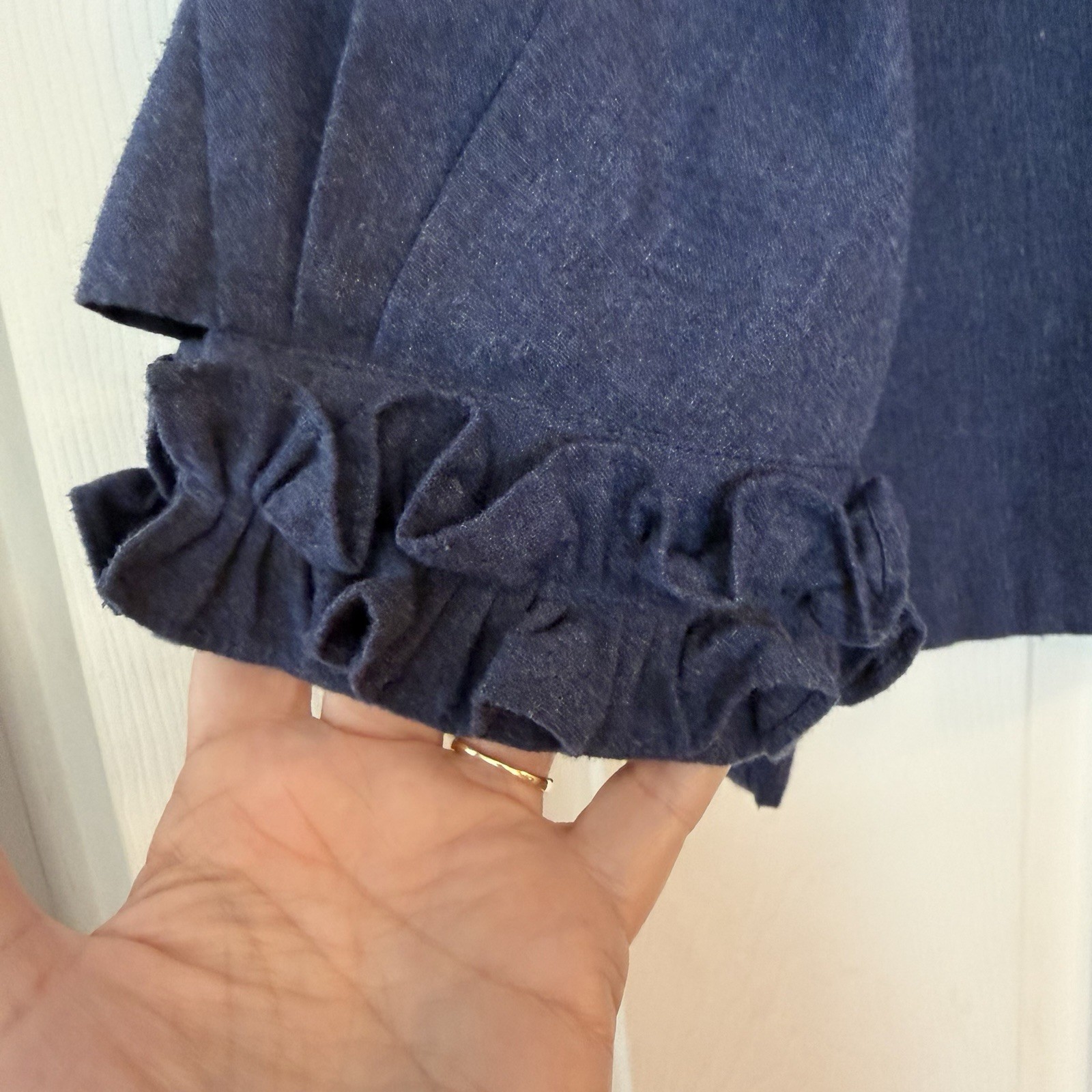 M. Patmos Denim Cotton Top Blue Ruffle Cuff Keyhole Boxy Lagenlook Minimalist L