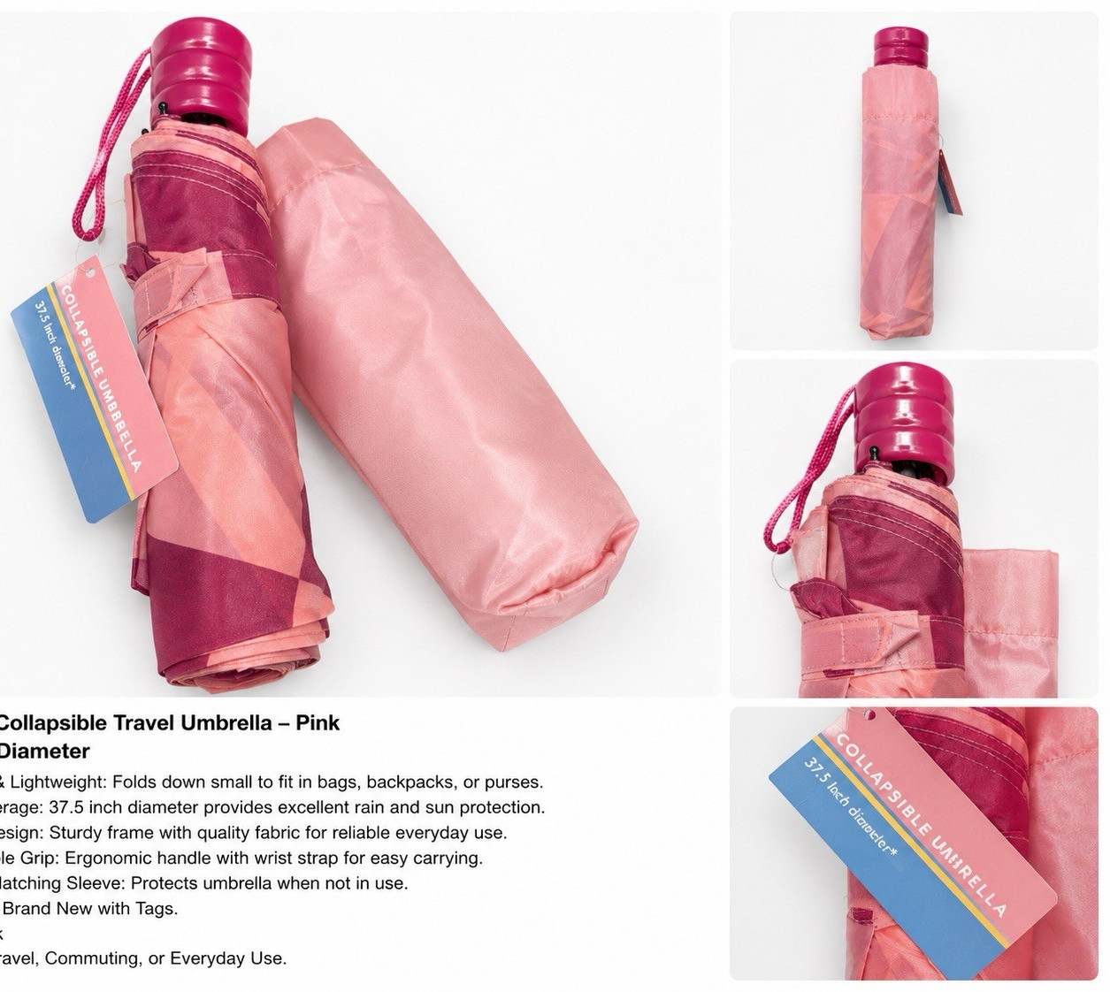 Pink Compact/Folding Travel Umbrella Geometric Pattern Wrist Strap