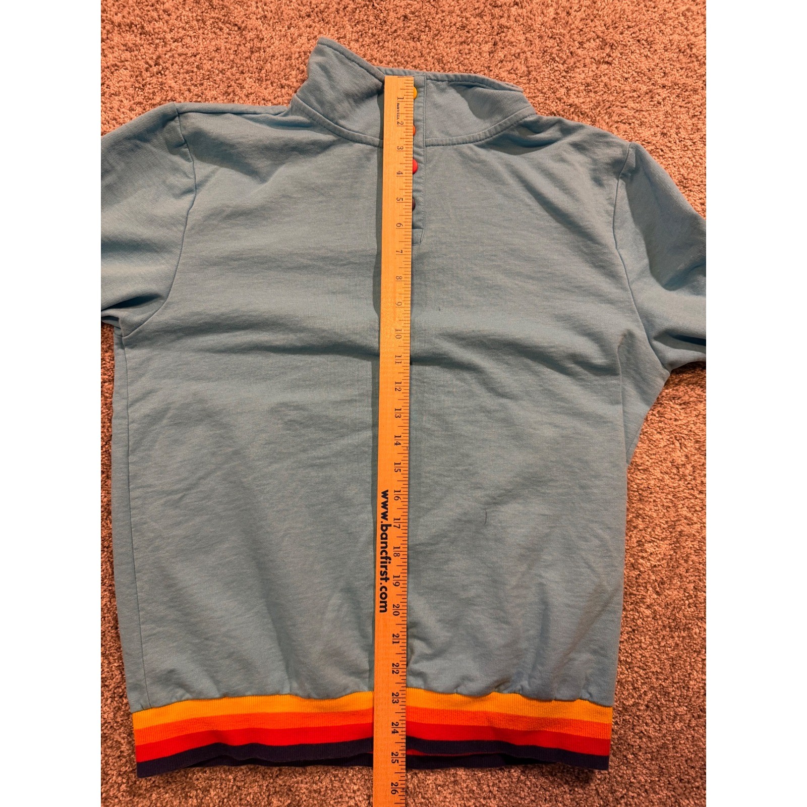 ALDI Sweatshirt Mens Medium Blue Rainbow Striped Snap Neck Pullovert Employee *