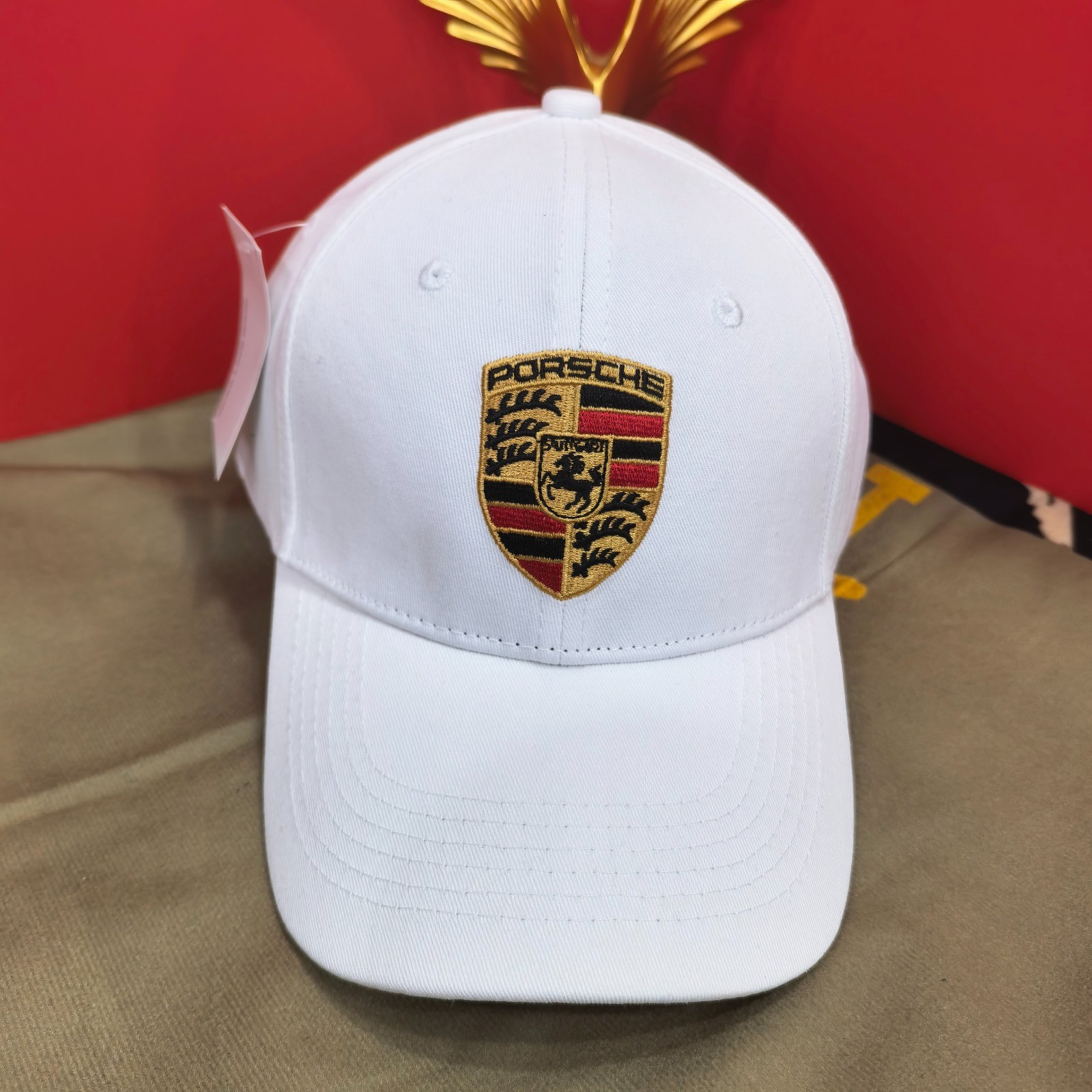 Porsche White Adjustable Baseball Cap with Classic Shield Embroidered Logo