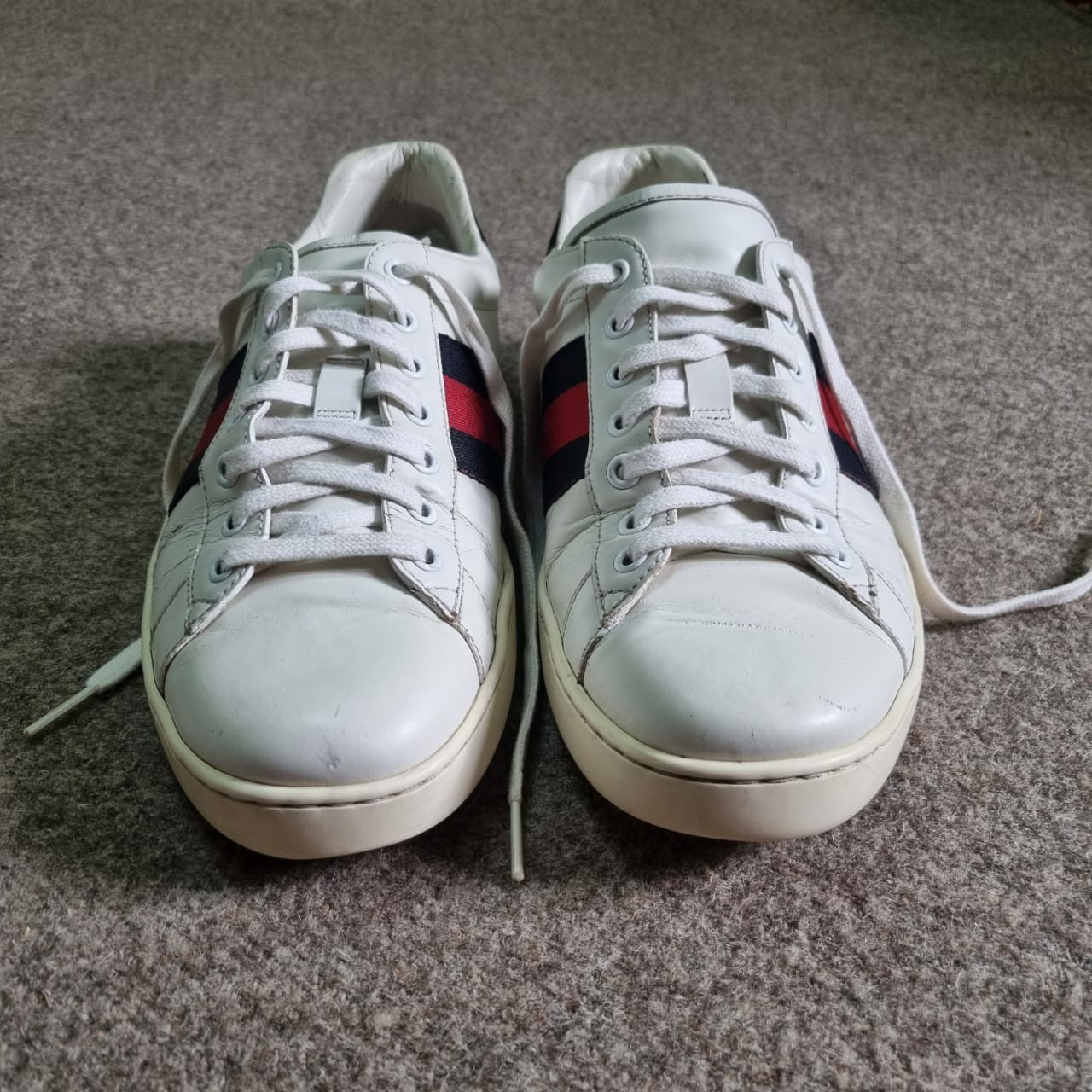 Gucci Shoes Men Ace Sneakers White Leather Navy Red Web Stripe Gucci Size 9 US