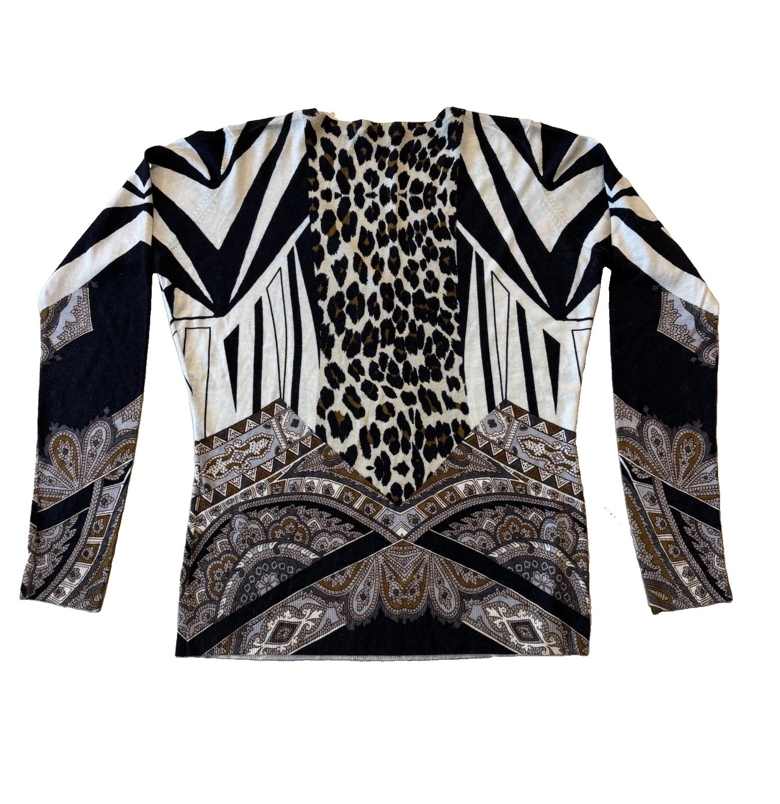 ETRO Milano Sweater Silk Cashmere V Neck Animal Print Italy Sz 48