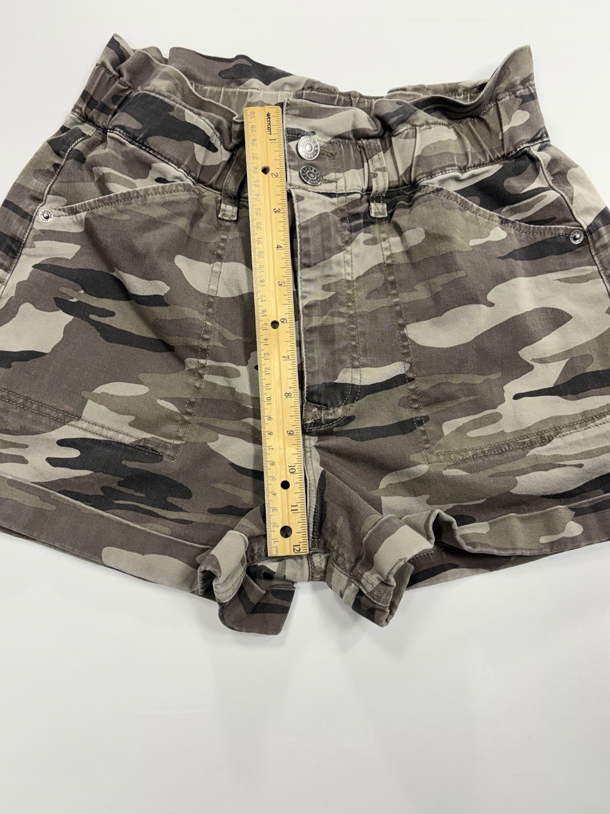 Express Shorts Camo Green Brown Women’s S/P Super High Rise Paperbag Y2K