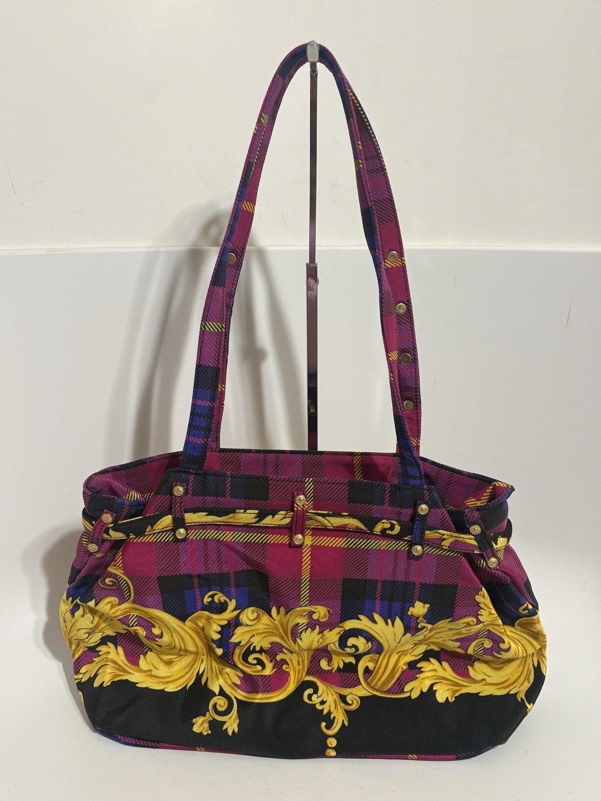 Vtg Gianni Versace Pink Plaid Baroque Shoulder Bag
