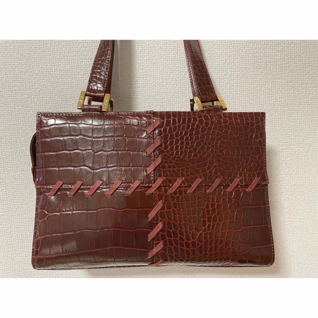 Yves Saint Laurent Handbag croco embossed Bordeaux Size: W:11.6 × H:8.1 in.
