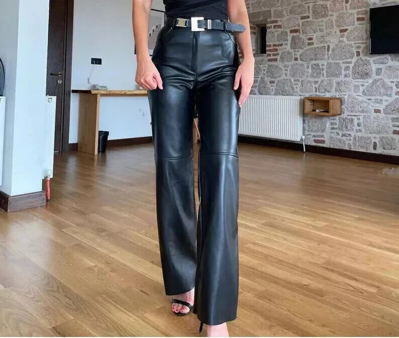 Women’s Genuine Lambskin Leather Pants Straight Leg Soft Real Leather Trousers