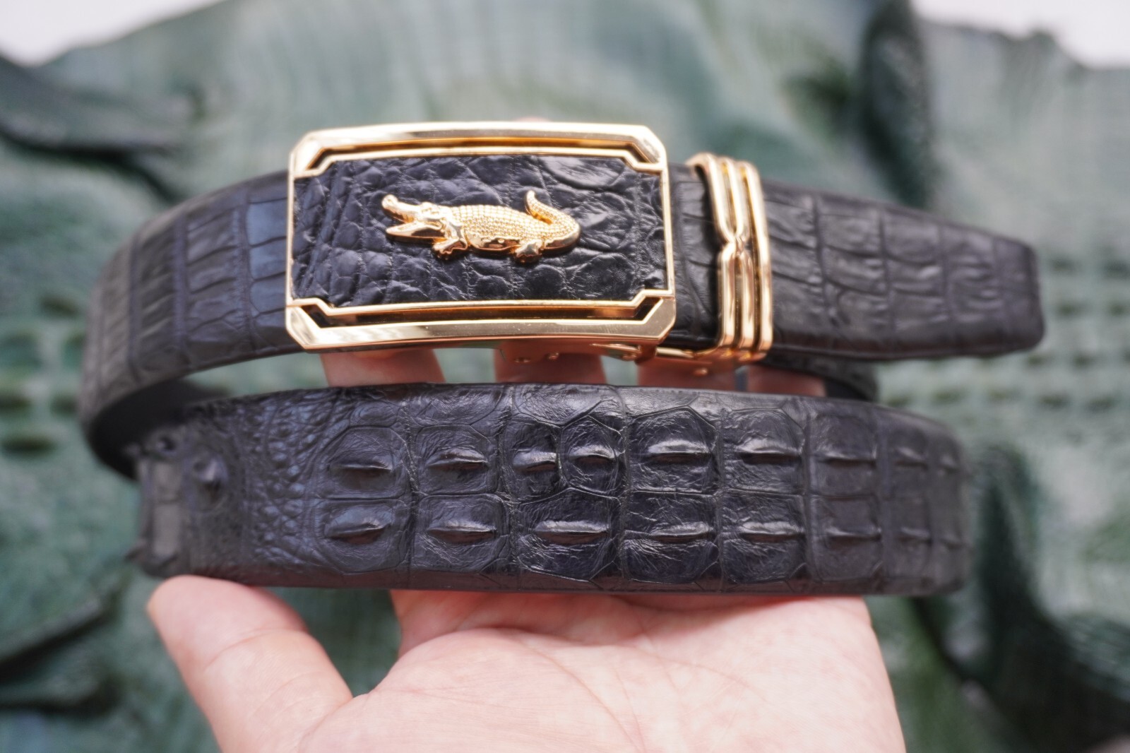 US Warehouse Black Genuine CROCODILE Hornback Belt Skin Leather Men’s – W 1.3 in