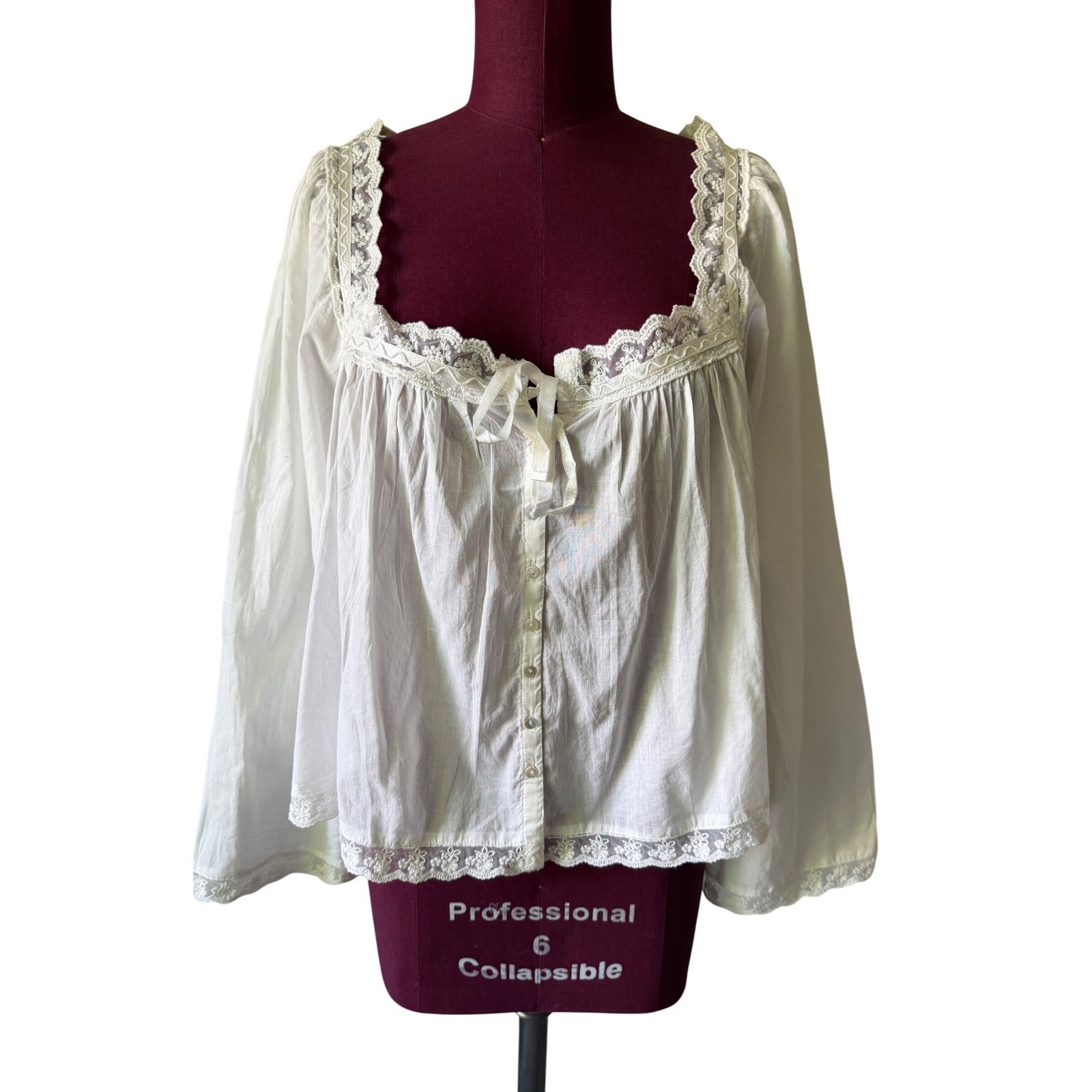 Natural Life Blouse NEW Lace Trim Cottagecore Boho Button Front White Large