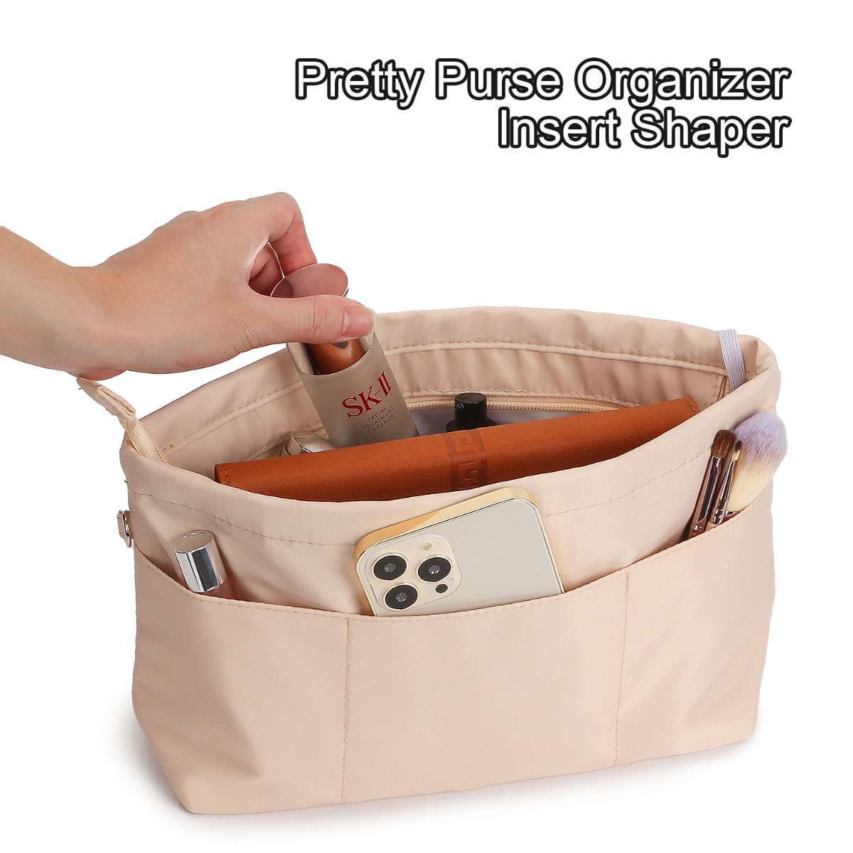 Multi Pockets Purse Organizer Insert with Zipped Top for Tote Bag Handbag Shaper