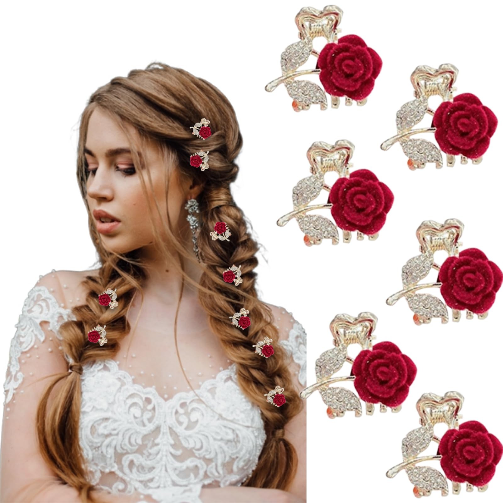 6 Pcs Mini Rose Metal Hair Clips Red Rhinestone Claw