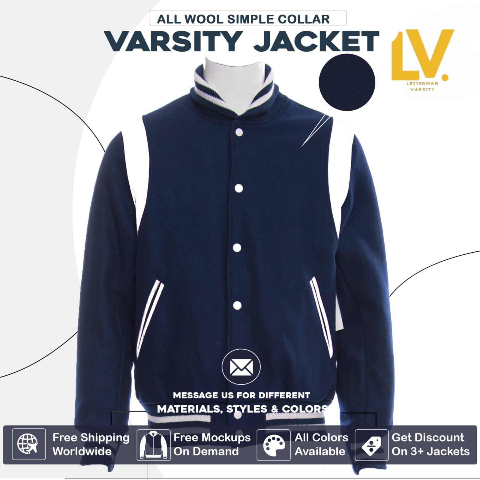 Varsity Letterman Navy Blue Jacket White Striped Shoulders For Men, Women & Kids