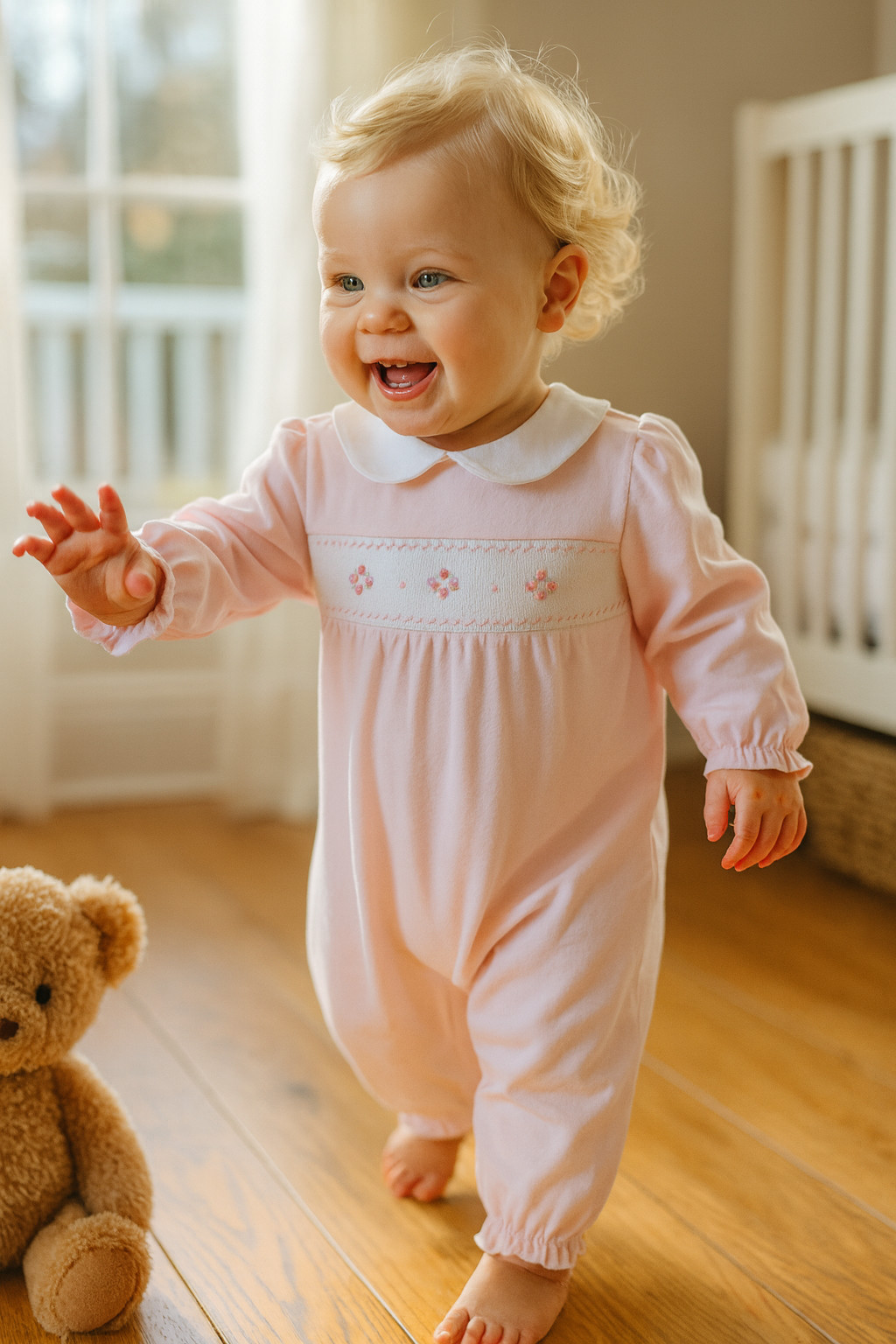 NWT Petit Ami Pink Smocked KNIT Romper Baby Girls 6 Months 6M Longall 100 Cotton
